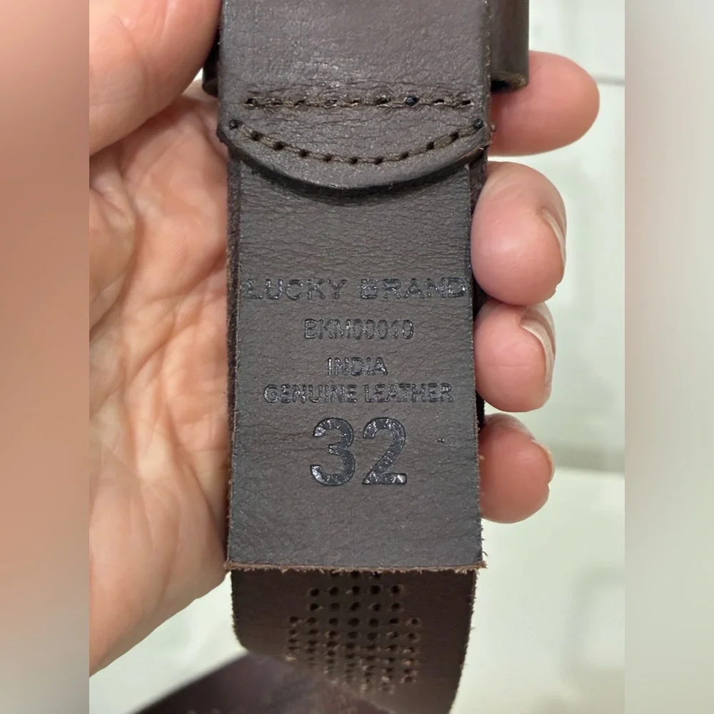 Lucky Brand Brown Leather Belt 32 Brass Buckle Perforated Design